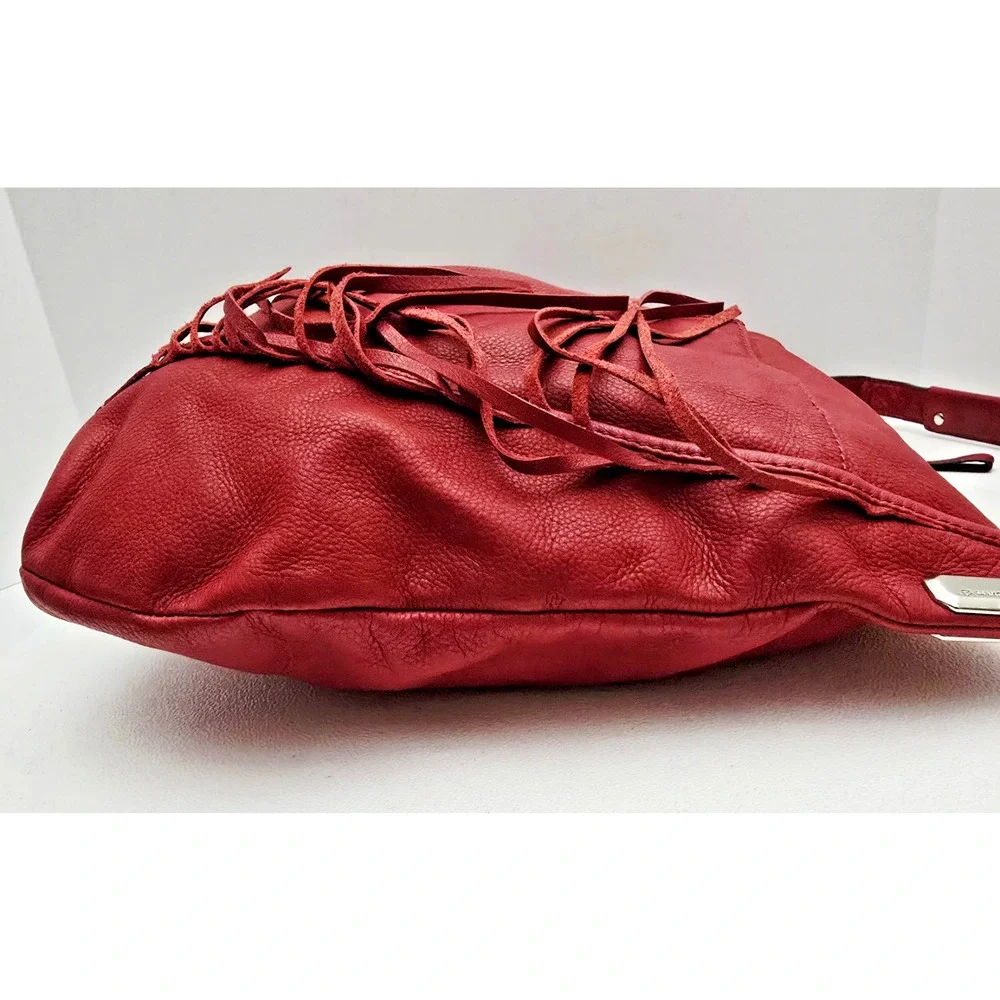 B. Makowsky Red Hobo Handbag Fringe Genuine Leather Pebbled Large